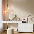 Elegant White Dressing Table with Round Mirror Golden Pendant Lights Makeup Products and Beige Wall