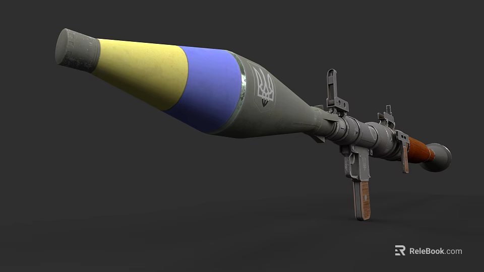 Military Rocket Launcher Weapon With Yellow Blue Warhead Metal Structure And Wooden Grip 3d model 