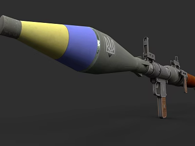 Military Rocket Launcher Weapon With Yellow Blue Warhead Metal Structure And Wooden Grip 3d model