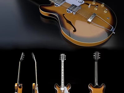 Vintage Sunburst Musical Instrument Guitars Displayed In Multiple Angles And Styles 3d model