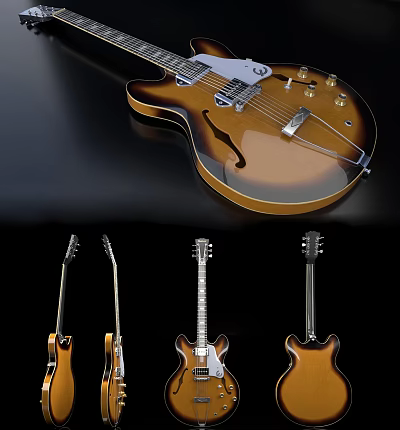 Vintage Sunburst Musical Instrument Guitars Displayed In Multiple Angles And Styles 3d model