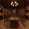 Wine Cellar Interior With Brick Walls Wooden Table Stools Wine Racks Chandelier And Painting