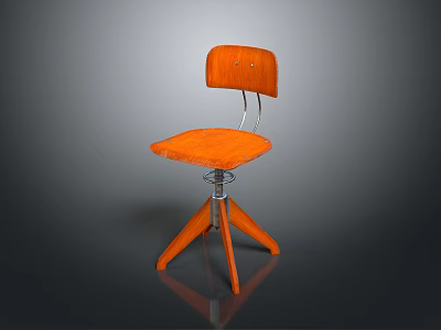 Modern Orange Chair With Wooden Seat And Backrest Metal Three Leg Spring Structure 3d model