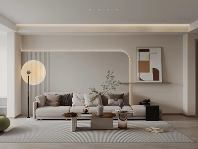 Modern Living Dining Room Interior With Beige Sofa Coffee Table Floor Lamp And Decorative Painting 3d model