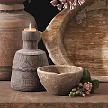 Rustic Clay Vase With Fresh Flowers And Candle On Wooden Table Dark Background