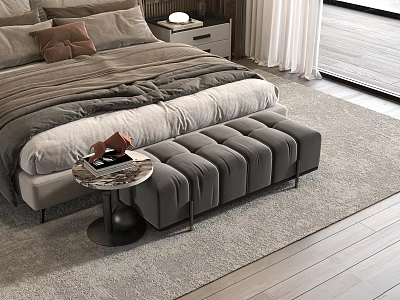 Modern Bedroom Interior With Large Bed Tufted Gray Bench Round Side Table And Wooden Flooring 3d model