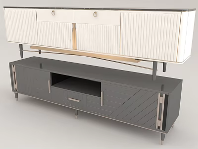 Modern White And Gray TV Stand With Vertical Stripes Diagonal Pattern Drawers And Open Compartment 3d model