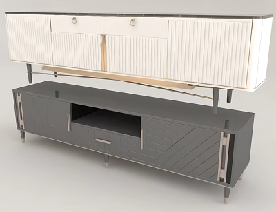 Modern White And Gray TV Stand With Vertical Stripes Diagonal Pattern Drawers And Open Compartment 3d model