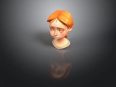 Cartoon Character Head Model With Orange Hair And Sad Expression On Dark Background With Reflection 3d model