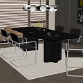Modern Restaurant Interior With Black Dining Table Metal Chairs Chandelier Wall Art And White Rug