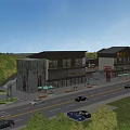 Chinese Architecture Commercial Street Featuring Modern Traditional Blend Shops Pedestrians Vehicles And Greenery