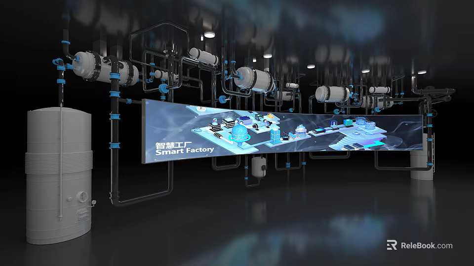 Smart Factory Background Wall With Large Display Screen And Industrial Pipes 3d model 