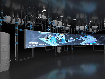 Smart Factory Background Wall With Large Display Screen And Industrial Pipes 3d model