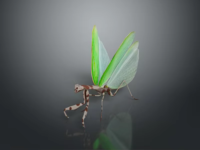Green Winged Praying Mantis With Brown And White Striped Body And Reflection On Grey Background 3d model
