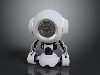 Modern White Robot Design Featuring Round Head Camera Lens And Mechanical Limbs 3d model