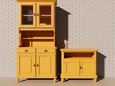 Yellow Wooden Decorative Cabinets with Glass Doors and Drawers Against Brick Wall 3d model