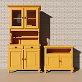 Yellow Wooden Decorative Cabinets with Glass Doors and Drawers Against Brick Wall