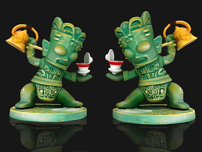 Two Green Totem Statues Holding Teapots And Cups With Carved Bases 3d model