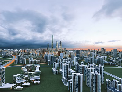 Aerial View Urban Planning With High Rise Buildings Green Spaces And Sunset Sky 3d model