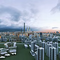 Aerial View Urban Planning With High Rise Buildings Green Spaces And Sunset Sky