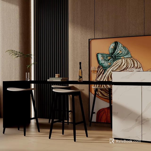 Stylish Dining Table Combination With Black Stools Marble Countertop Artwork And Green Plant 3d model