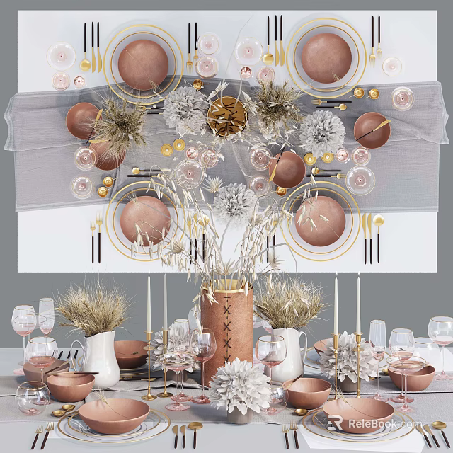 Elegant Tableware Set With Brown Plates Gold Elements And Dried Flower Decorations 3d model 