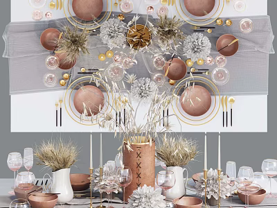 Elegant Tableware Set With Brown Plates Gold Elements And Dried Flower Decorations 3d model