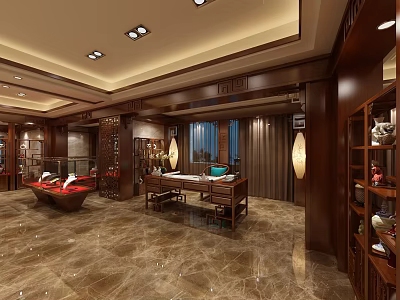 Traditional Chinese Jewelry Store Interior With Wooden Display Cabinets And Warm Lighting 3d model