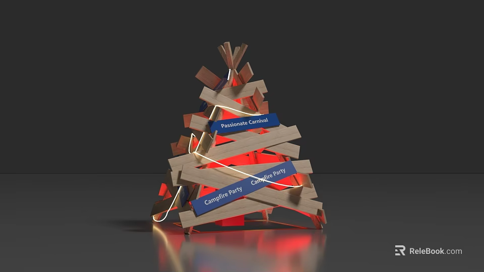 Art Installation Featuring Wooden Planks Blue Labeled Signs Red Light Glowing Inside Base Reflection 3d model