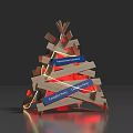 Art Installation Featuring Wooden Planks Blue Labeled Signs Red Light Glowing Inside Base Reflection 3d model
