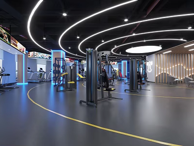 Modern Fitness Gym Interior With Curved Lighting Yellow Floor Lines And Strength Equipment 3d model