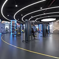 Modern Fitness Gym Interior With Curved Lighting Yellow Floor Lines And Strength Equipment