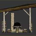 Wooden Outdoor Structure with Rustic Roof Firewood Stack Brick Oven and Bench