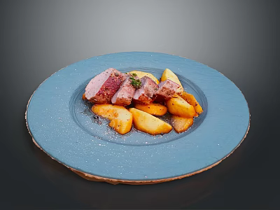 Tender Roasted Pig Meat Served with Golden Potatoes on Blue Plate 3d model