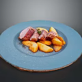 Tender Roasted Pig Meat Served with Golden Potatoes on Blue Plate
