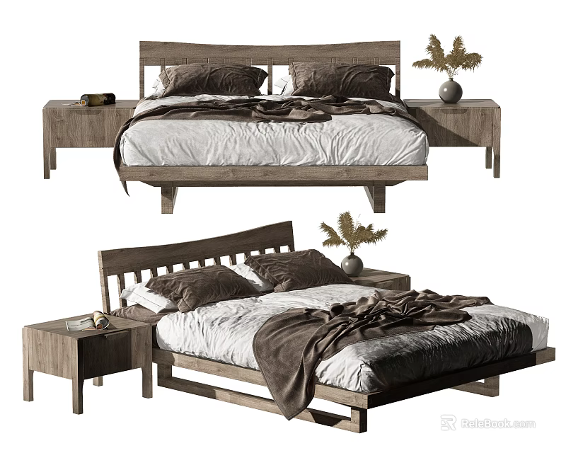 Modern Wooden Double Bed With Bedding Pillows Nightstands And Plants 3d model 