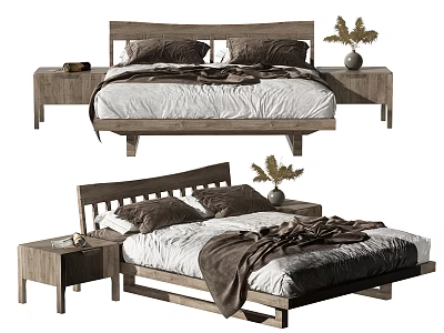 Modern Wooden Double Bed With Bedding Pillows Nightstands And Plants 3d model