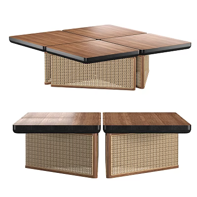 Wooden Top Coffee Table With Rattan Weave Sides And Natural Modern Design Elements 3d model