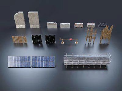 Diverse Scene Components With Wall Panels Railings Solar Panels And Scaffolding 3d model