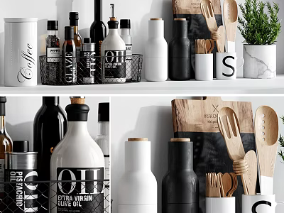 Elegant Kitchenware Display With Bottles Wooden Utensils Cutting Board And Green Plant 3d model