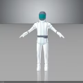 3D Astronaut Character In White Spacesuit With Blue Helmet Standing On Gray Background