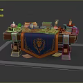 Wooden Table with Blue Banner Featuring Lion Emblem Scrolls and Candles on Top
