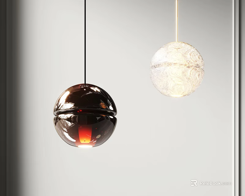 Hanging Spherical Pendant Lights With Metallic Glossy And White Textured Designs On Light Background 3d model 