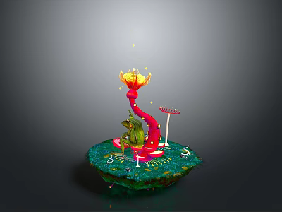 Colorful Frog On Green Island With Red Plant Small Mushrooms And Glowing Elements 3d model
