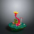 Colorful Frog On Green Island With Red Plant Small Mushrooms And Glowing Elements