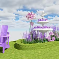 Enchanting Purple Garden Landscape With Grass Stone Path Decorative Pavilions And Flowers