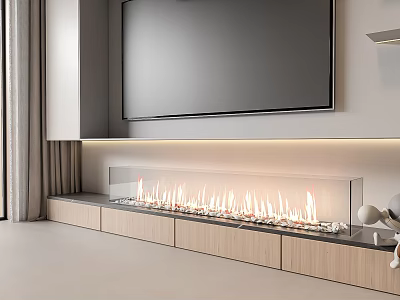 Modern Linear Fireplace In Living Room With Wooden Cabinets And TV 3d model