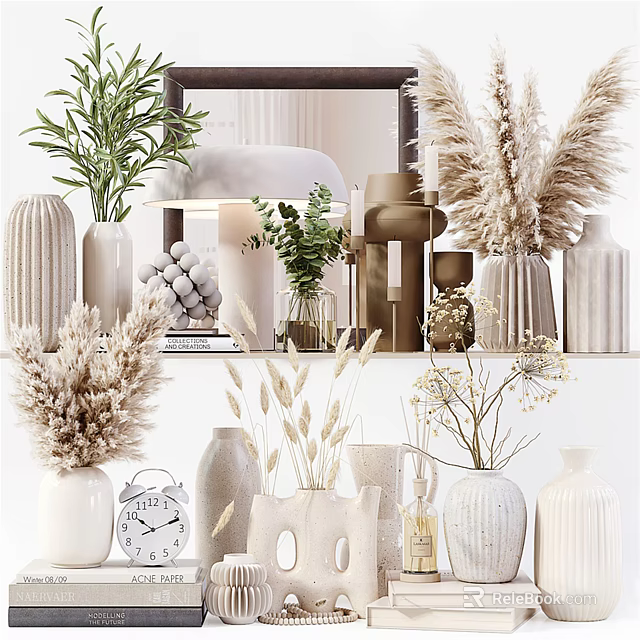 Modern Decorative Ornament Set With Vases Pampas Grass Clock Books And Candles 3d model 