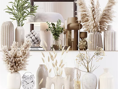 Modern Decorative Ornament Set With Vases Pampas Grass Clock Books And Candles 3d model