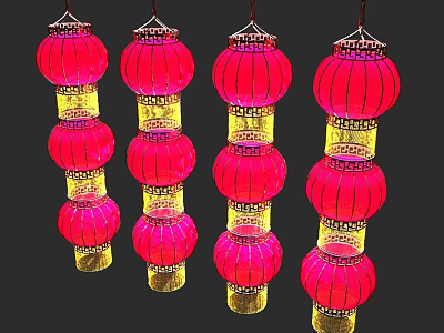 Festive Red Multi Tiered Hanging Lanterns With Golden Decorative Accents 3d model